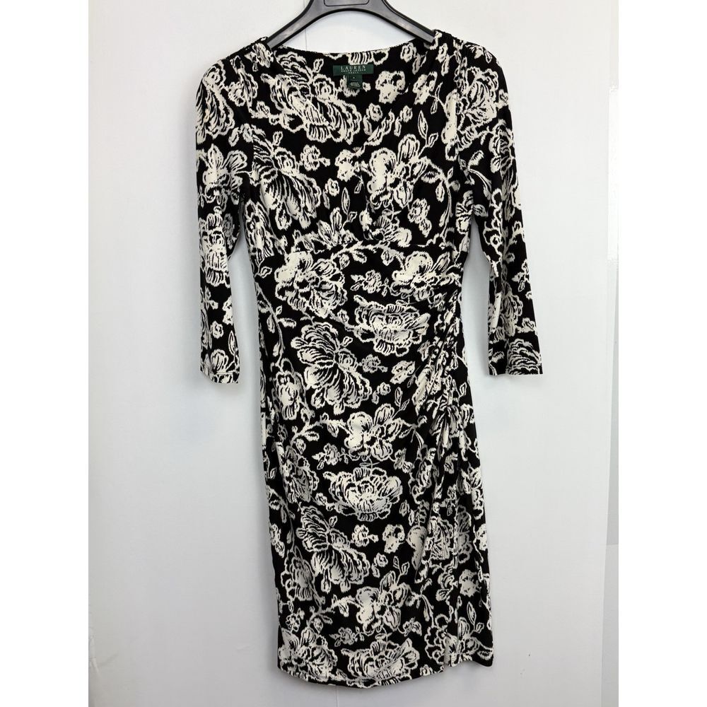 Lauren Ralph Lauren Dress Size 4/S Faux Wrap‎ Black Cream Floral Surplice V-Neck